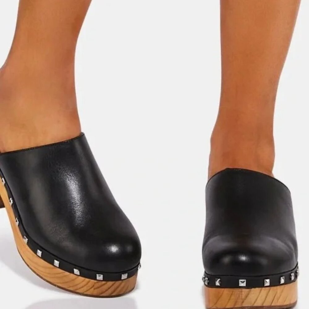 Steve Madden women 8 brooklyn-1 platform clogs mule black leather shoe‎ studded